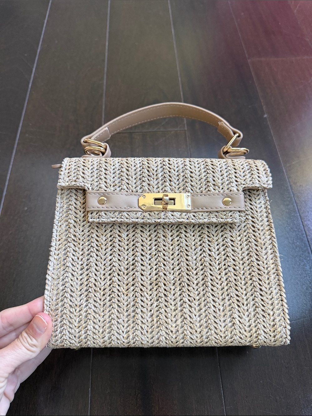 Amazon Beige Woven Top-Handle Bag with Gold Hardware